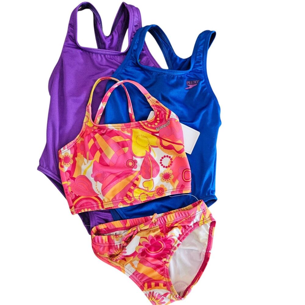 NWT 3 Speedo Girls Swimsuits Size 4 One Piece Two Piece Y2K Vintage Deadstock